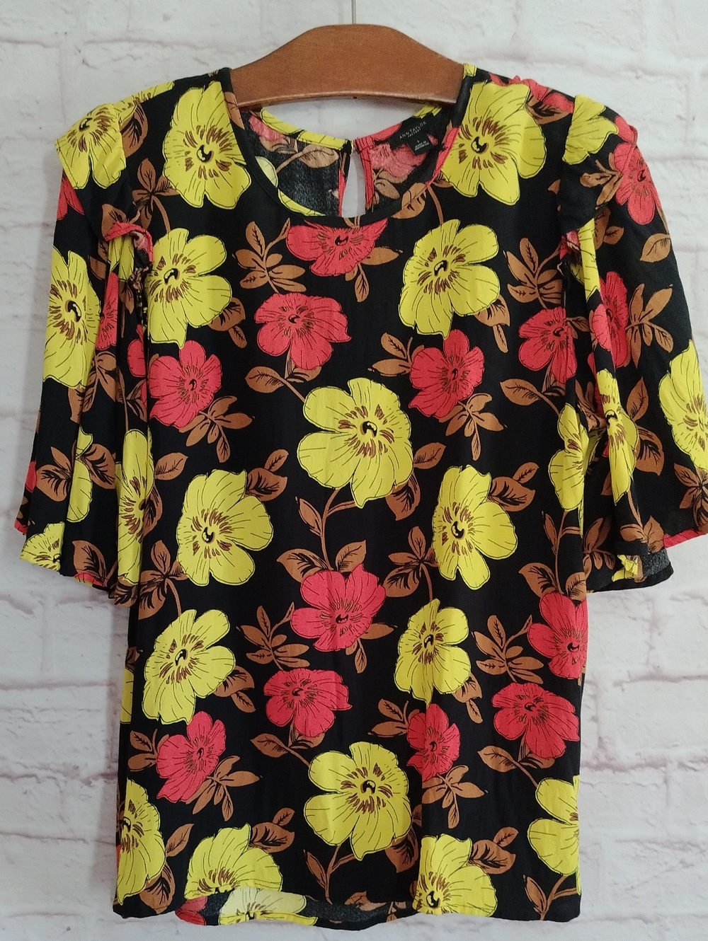 Ann Taylor Factory Black Floral Blouse with Yellow & Coral Flowers